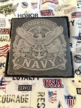Hand Crafted Laser Engraved United States Navy Slate Coaster Set & Holder NWOT